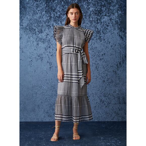Marie Oliver Dresses & Skirts - Marie Oliver Scarlet Dress Size L Blue White Plaid Tie Belt Midi Lined